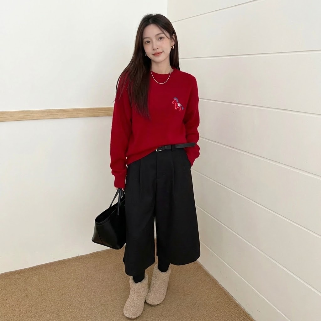 韓系減齡顯瘦圓領提花小馬針織衫