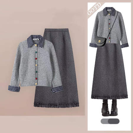 【單件/套裝】休閒減齡寬鬆針織毛衣+顯瘦半身裙兩件套