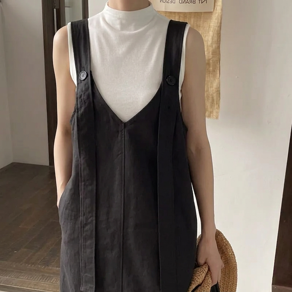 【單件】寬松休閑V領背帶裙+顯瘦打底衫兩件套