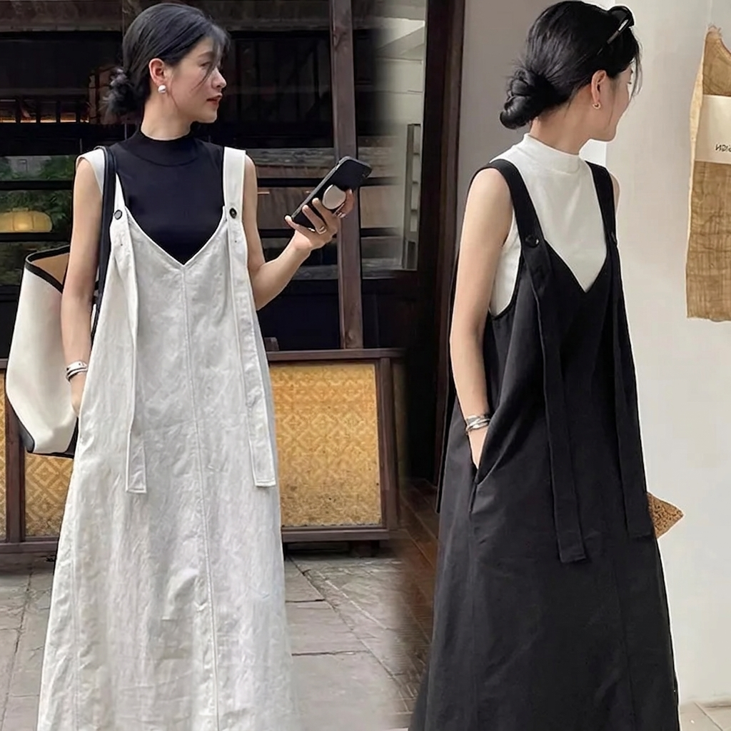 【單件】寬松休閑V領背帶裙+顯瘦打底衫兩件套