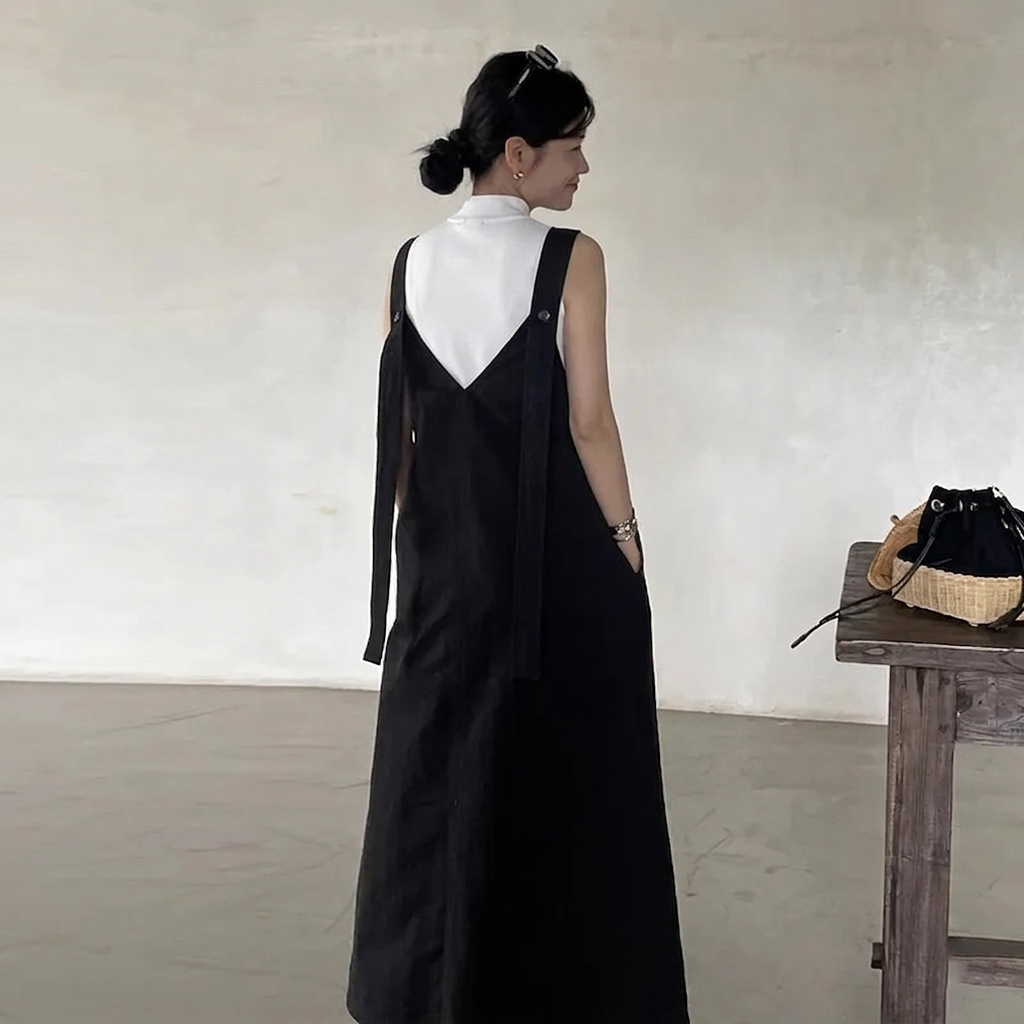 【單件】寬松休閑V領背帶裙+顯瘦打底衫兩件套