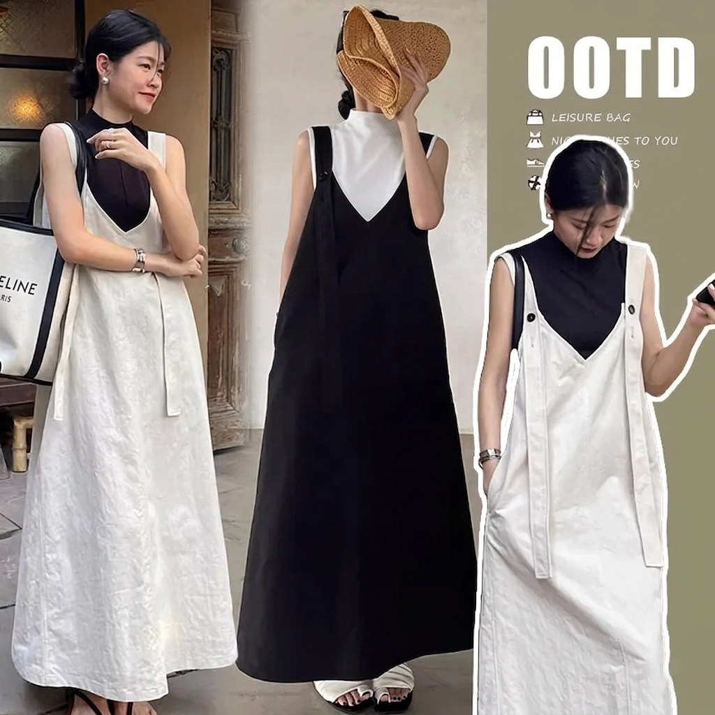 【單件】寬松休閑V領背帶裙+顯瘦打底衫兩件套