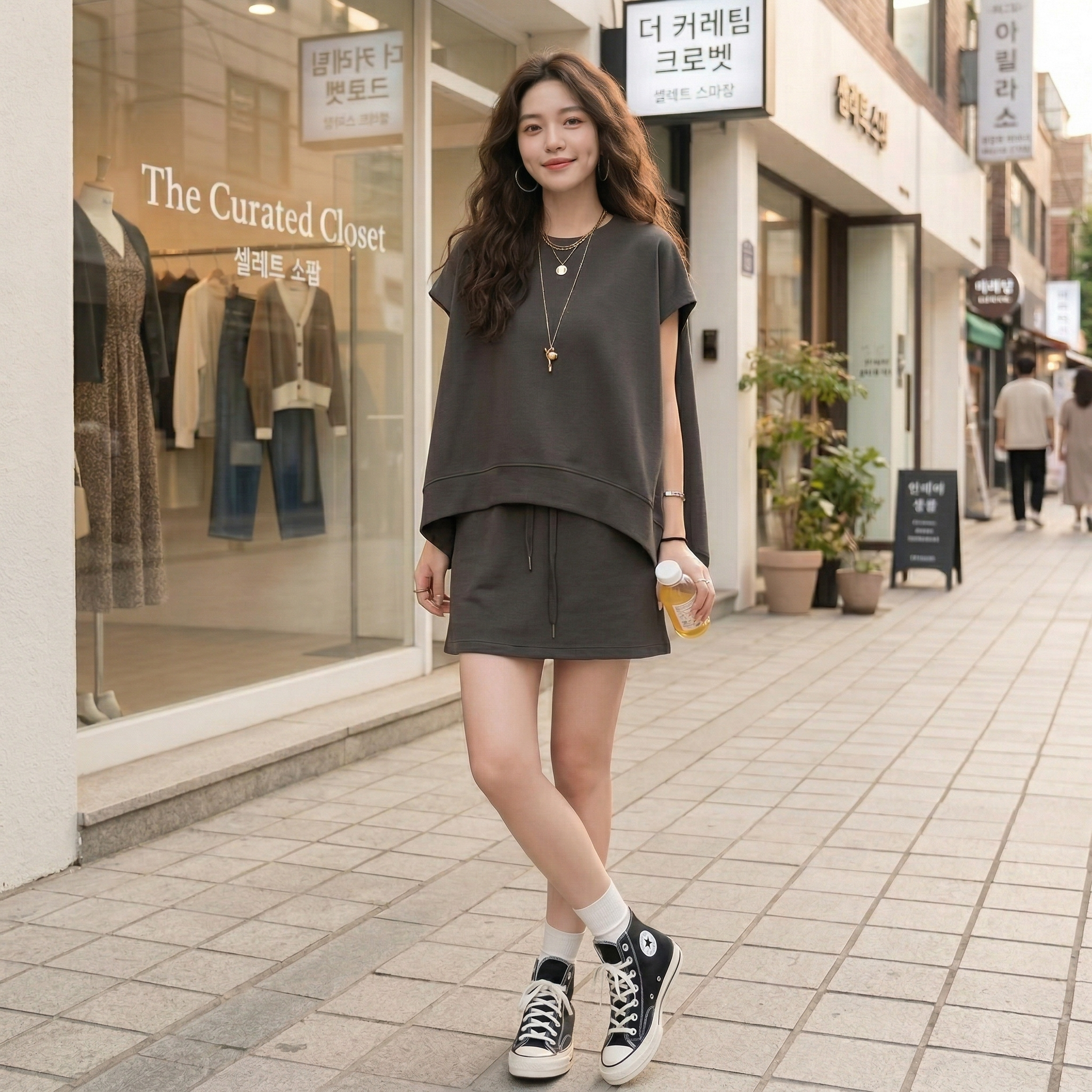 【套裝】時尚休閒寬鬆T恤+運動高腰A字裙兩件套裝