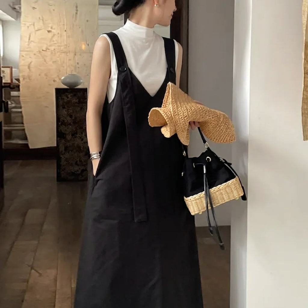 【單件】寬松休閑V領背帶裙+顯瘦打底衫兩件套