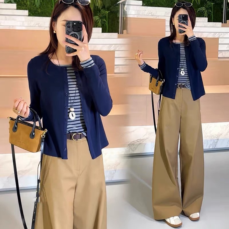 【單件/套裝】撞色假兩件長袖T恤+休閒闊腿褲兩件套