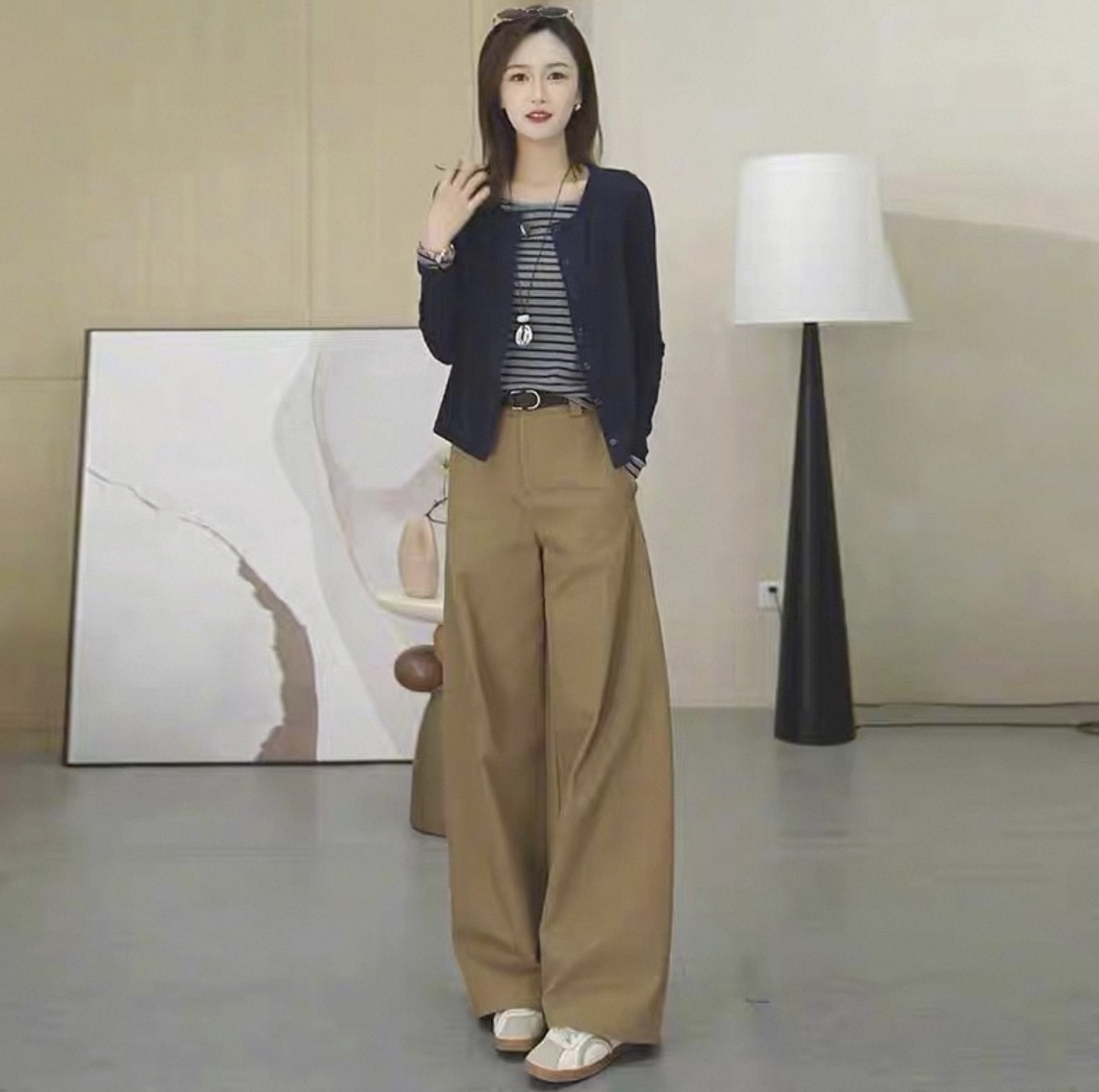 【單件/套裝】撞色假兩件長袖T恤+休閒闊腿褲兩件套