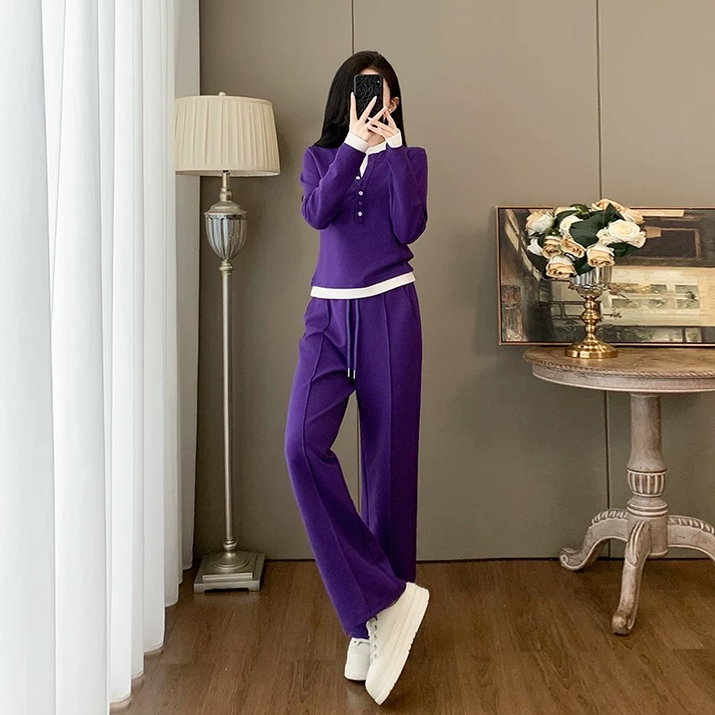 【整套】設計感假兩件長袖T恤+紫色運動褲兩件套