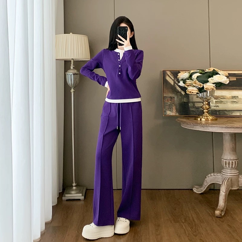 【整套】設計感假兩件長袖T恤+紫色運動褲兩件套