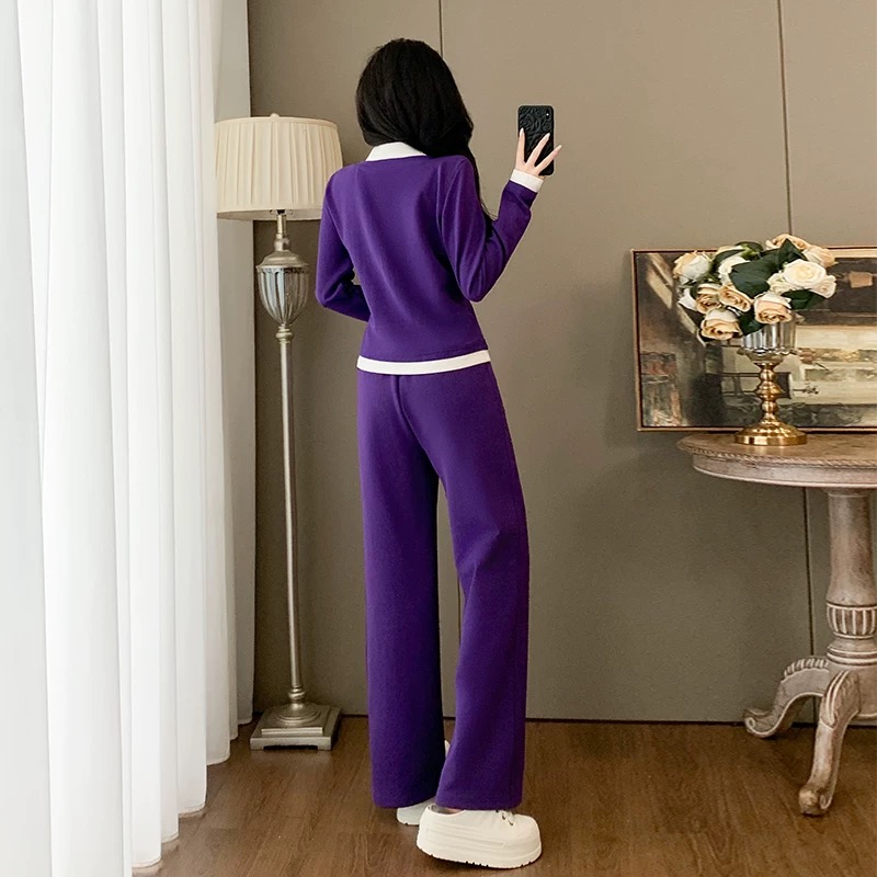 【整套】設計感假兩件長袖T恤+紫色運動褲兩件套