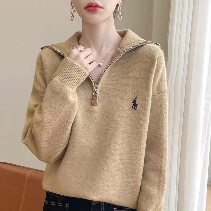 小馬刺繡半拉鏈翻領寬鬆百搭針織衫