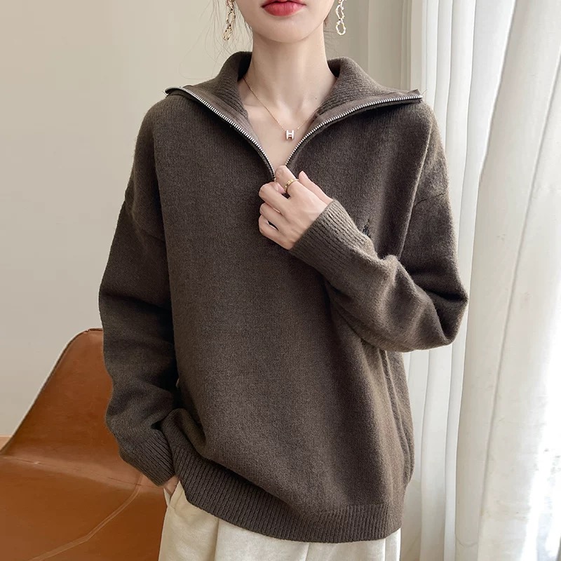 小馬刺繡半拉鏈翻領寬鬆百搭針織衫