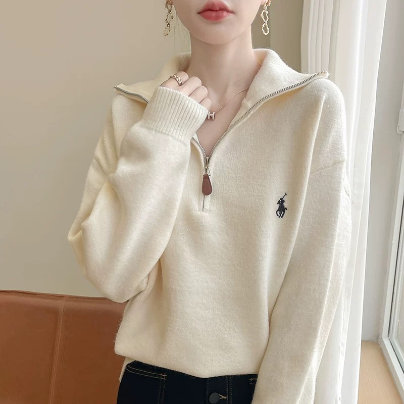 小馬刺繡半拉鏈翻領寬鬆百搭針織衫