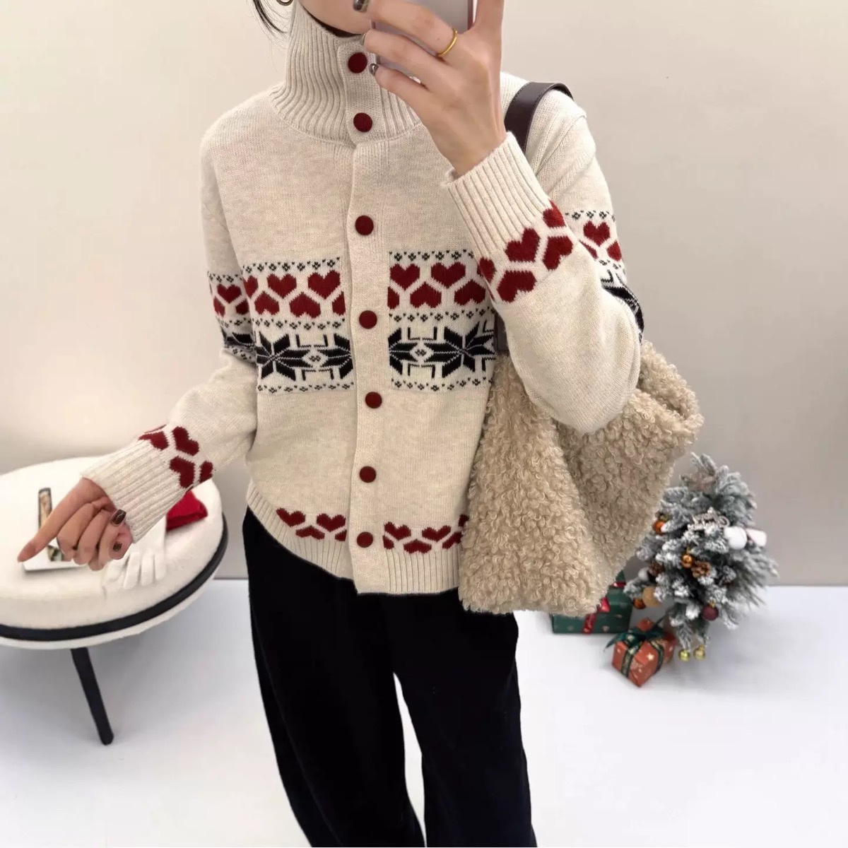 提花高領毛衣寬鬆顯瘦疊穿針織開衫