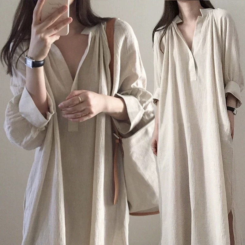 韓版寬鬆設計感中長款過膝中袖洋裝