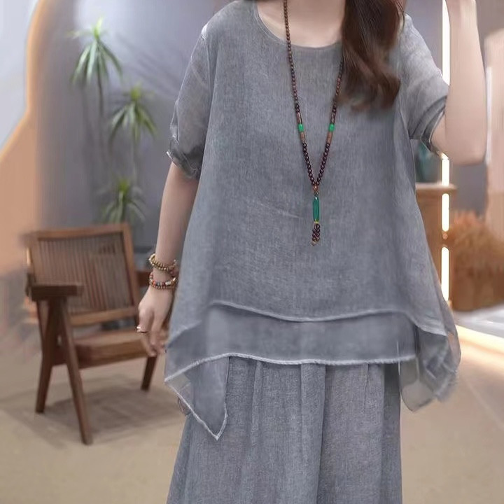 【單件/整套】復古文藝棉麻不規則下擺上衣+闊腿褲兩件套裝