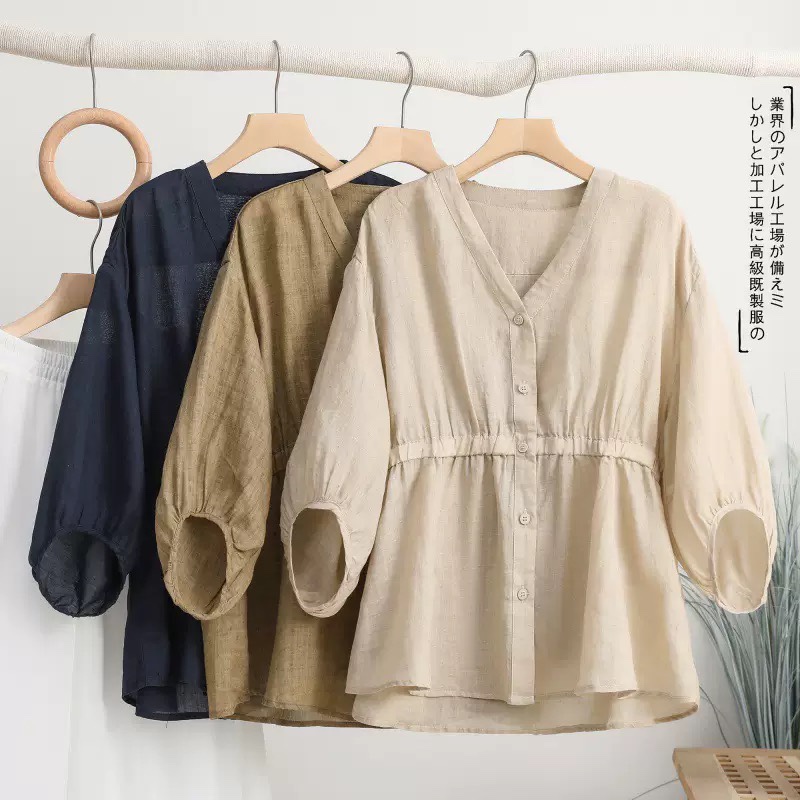 棉麻V領收腰五分袖套頭寬鬆顯瘦百搭襯衫