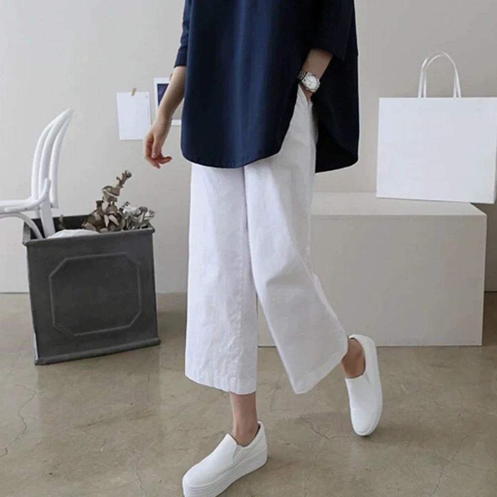 闊腿棉麻薄款休閒中腰寬鬆九分褲裝