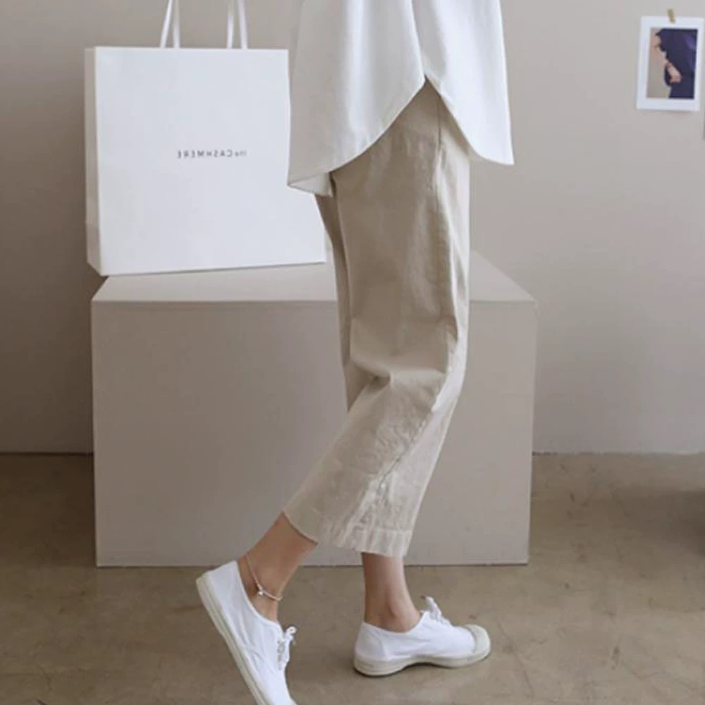 闊腿棉麻薄款休閒中腰寬鬆九分褲裝