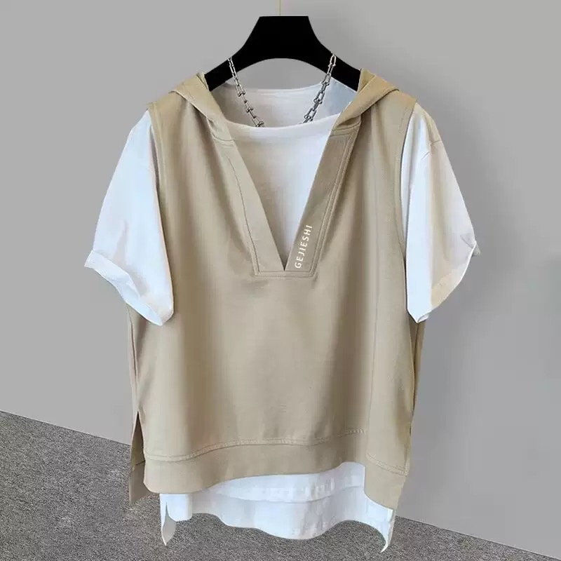 韓版簡約假兩件連帽寬鬆休閒短袖T恤