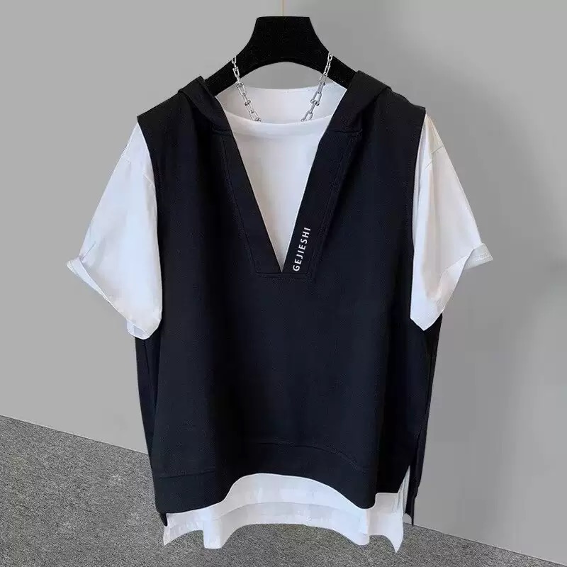 韓版簡約假兩件連帽寬鬆休閒短袖T恤