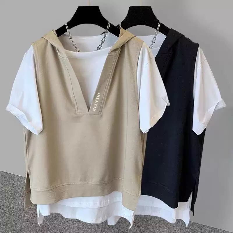韓版簡約假兩件連帽寬鬆休閒短袖T恤