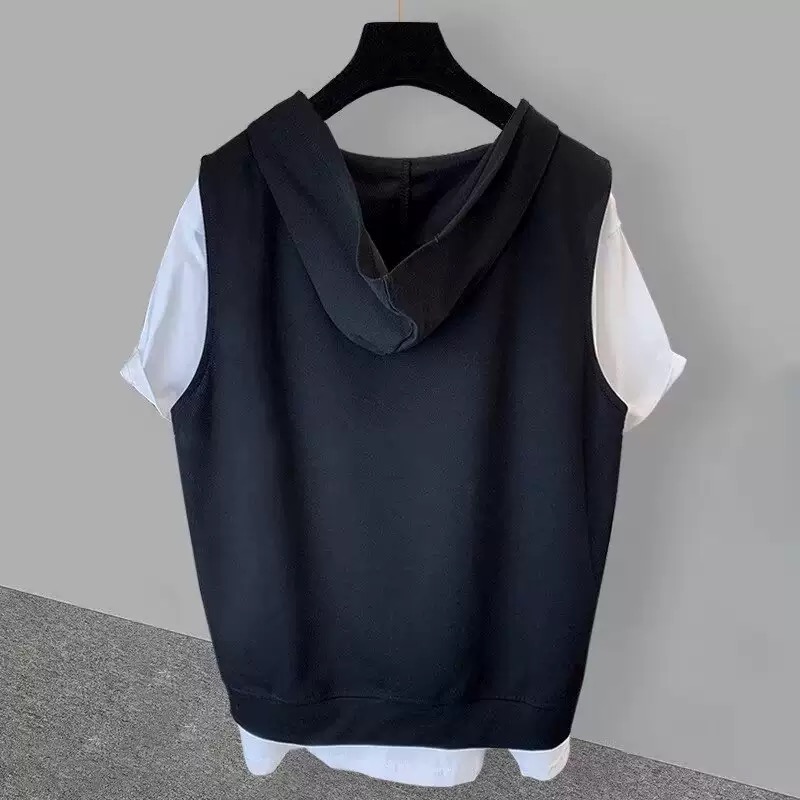 韓版簡約假兩件連帽寬鬆休閒短袖T恤