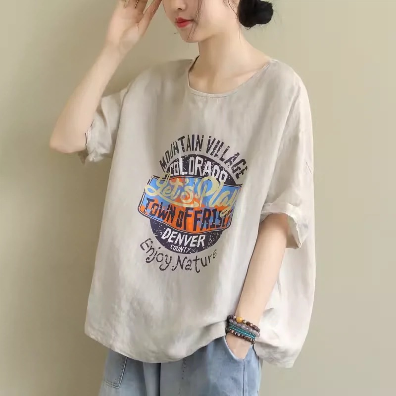 棉麻字母印花寬鬆大碼圓領百搭休閒短袖