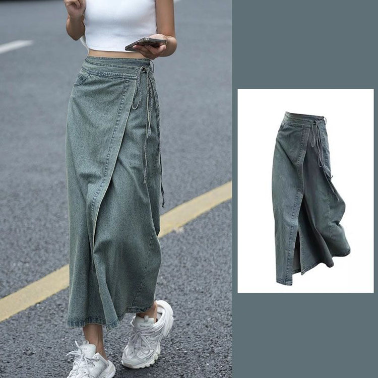 復古水洗牛仔高腰顯瘦設計開叉半身裙