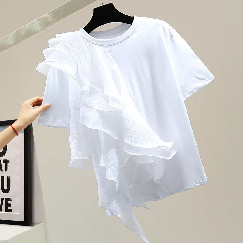 設計感網紗拼接荷葉邊寬鬆短袖