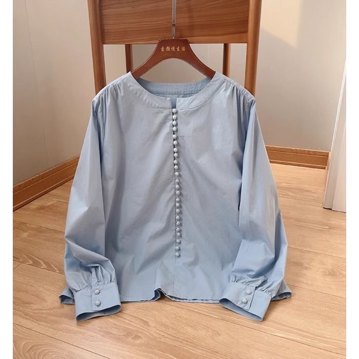 韓系霧霾藍圓領小眾棉質排扣襯衫