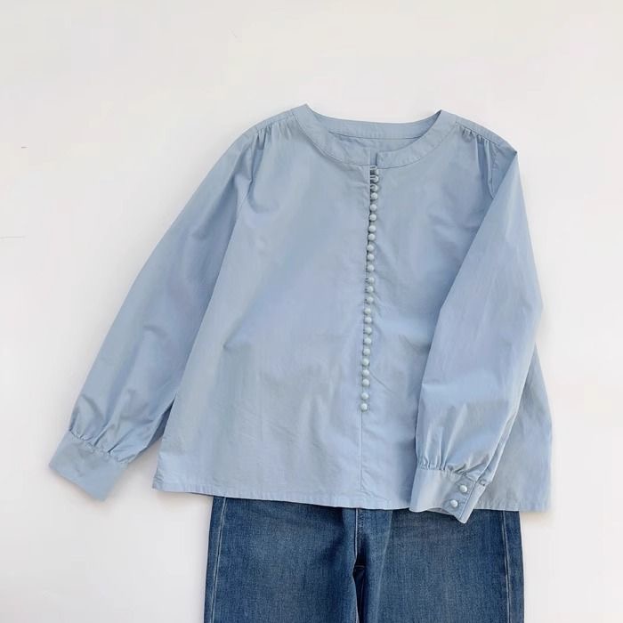 韓系霧霾藍圓領小眾棉質排扣襯衫