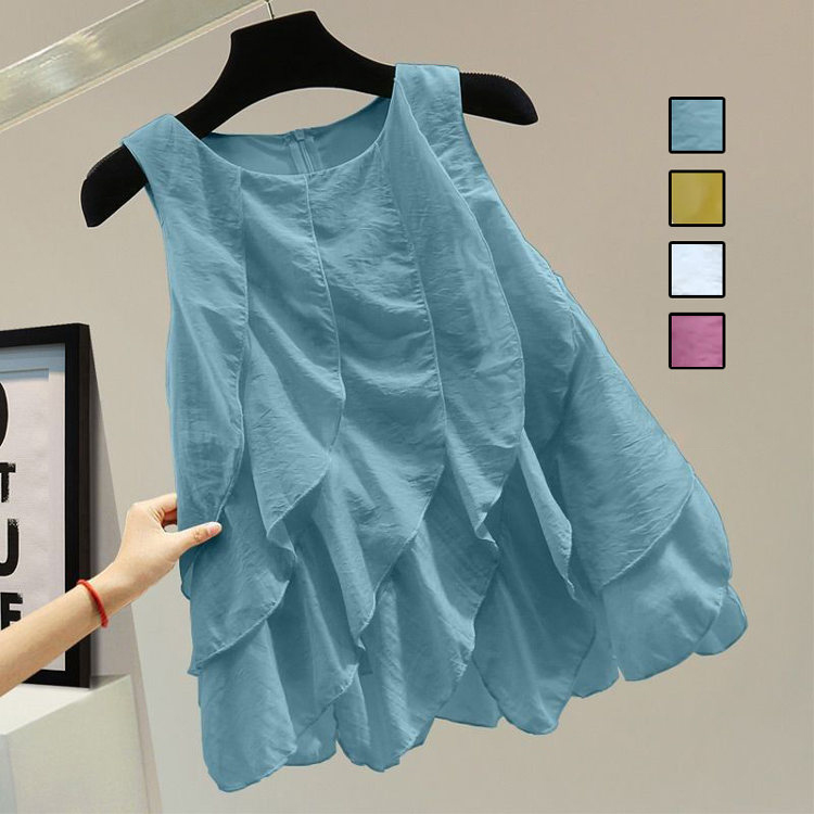 荷葉邊拼接寬鬆顯瘦純色圓領拉鍊背心