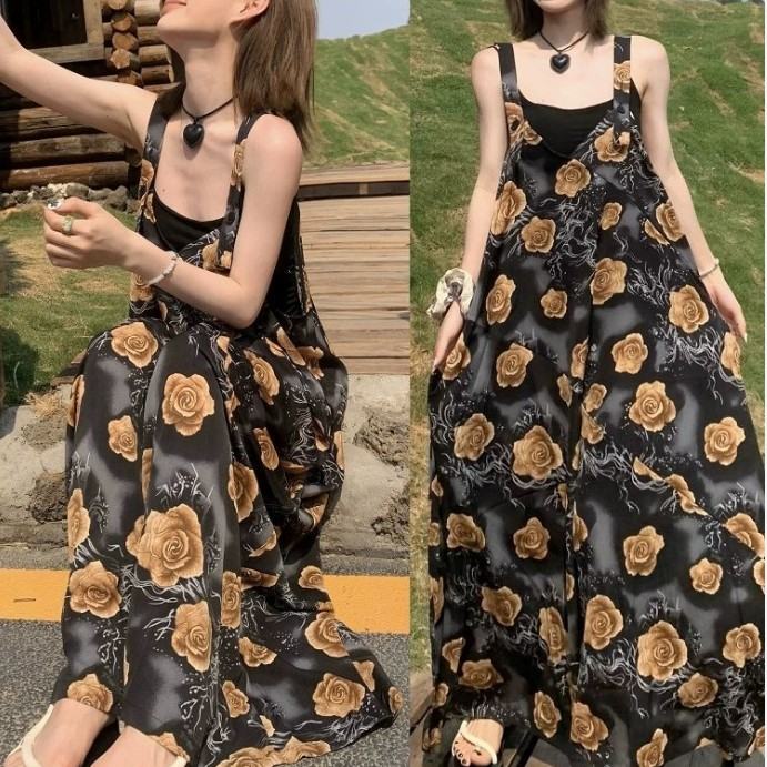 復古浪漫香檳玫瑰顯瘦寬鬆休閒背帶闊腿連體褲