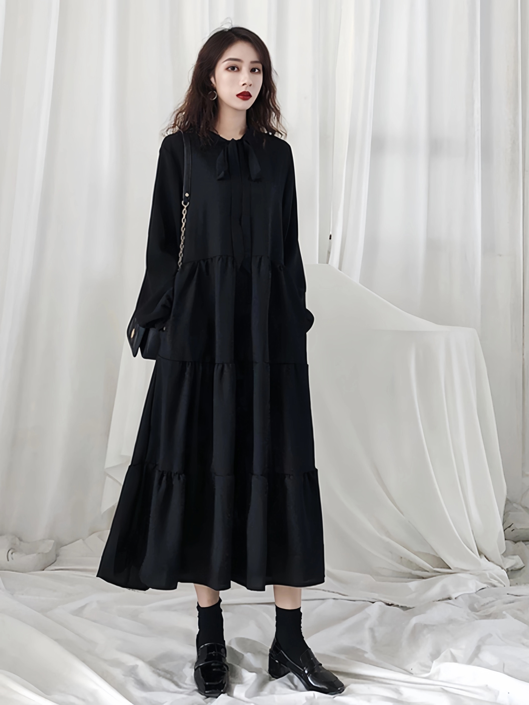 法式桔梗寬鬆氣質復古溫柔風雪紡洋裝