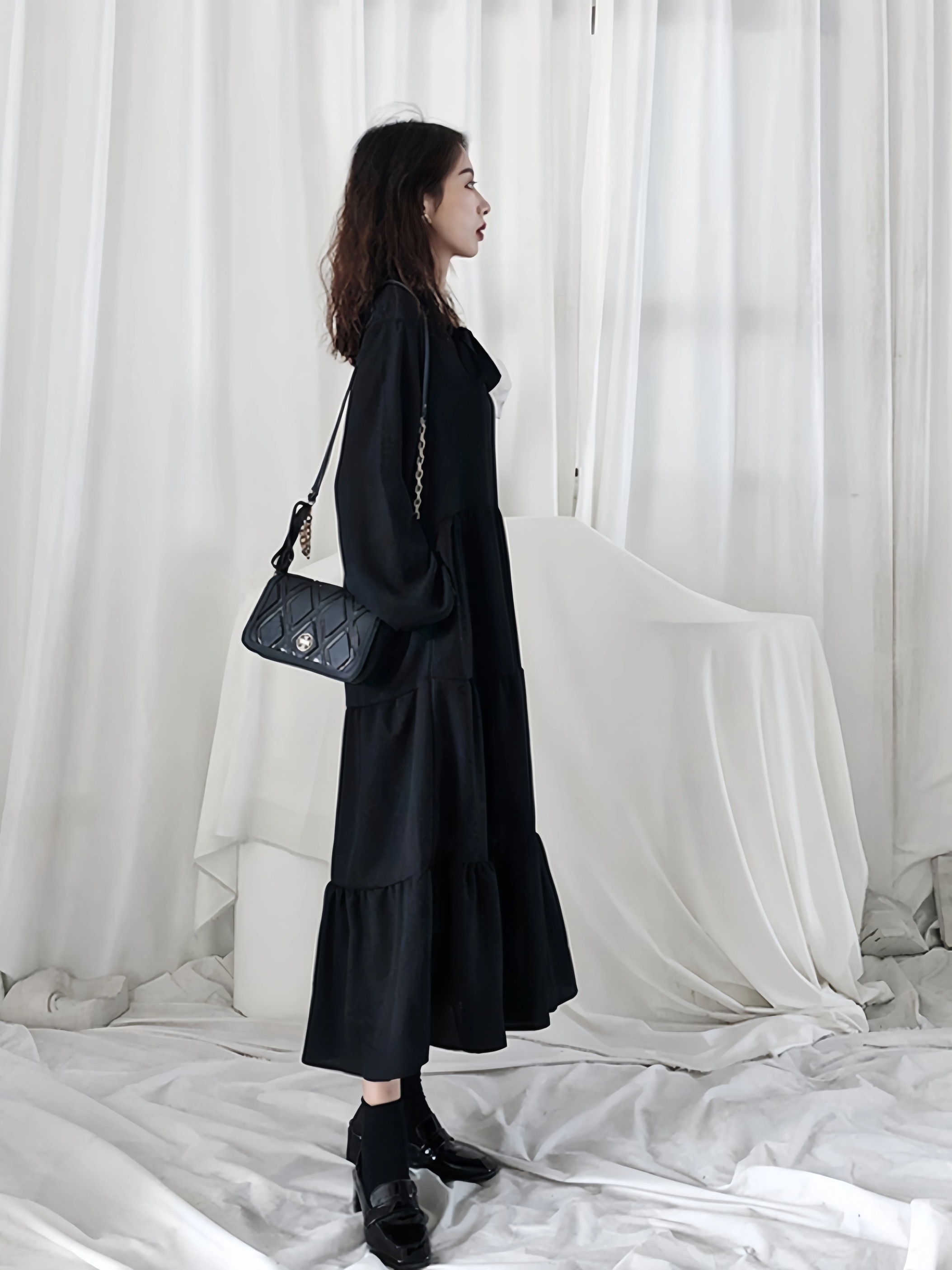 法式桔梗寬鬆氣質復古溫柔風雪紡洋裝