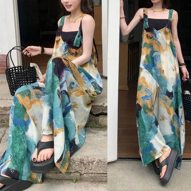 清涼顯白海島藍V領寬鬆闊腿背帶連體褲