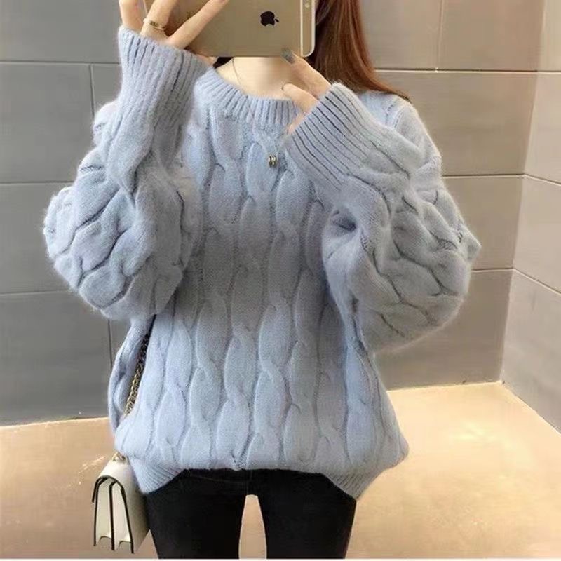 韓版慵懶風寬鬆保暖加厚麻花針織毛衣