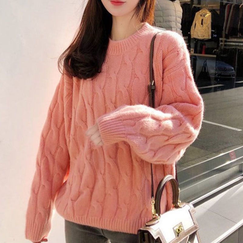 韓版慵懶風寬鬆保暖加厚麻花針織毛衣