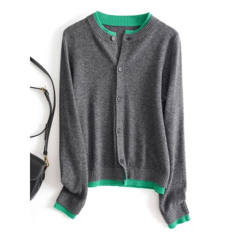 法式撞色圓領顯瘦假兩件針織開衫