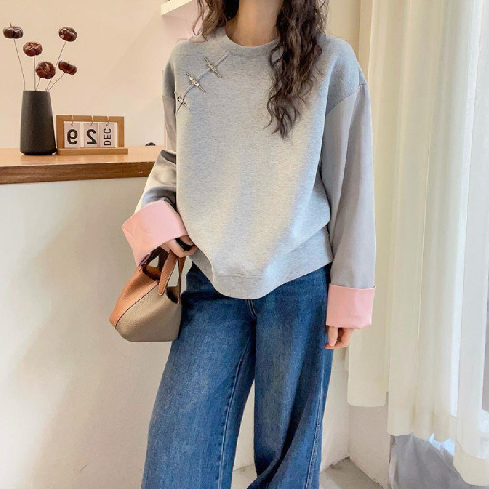 時尚潮流圓領寬鬆簡約拼接設計感休閒百搭長袖衛衣