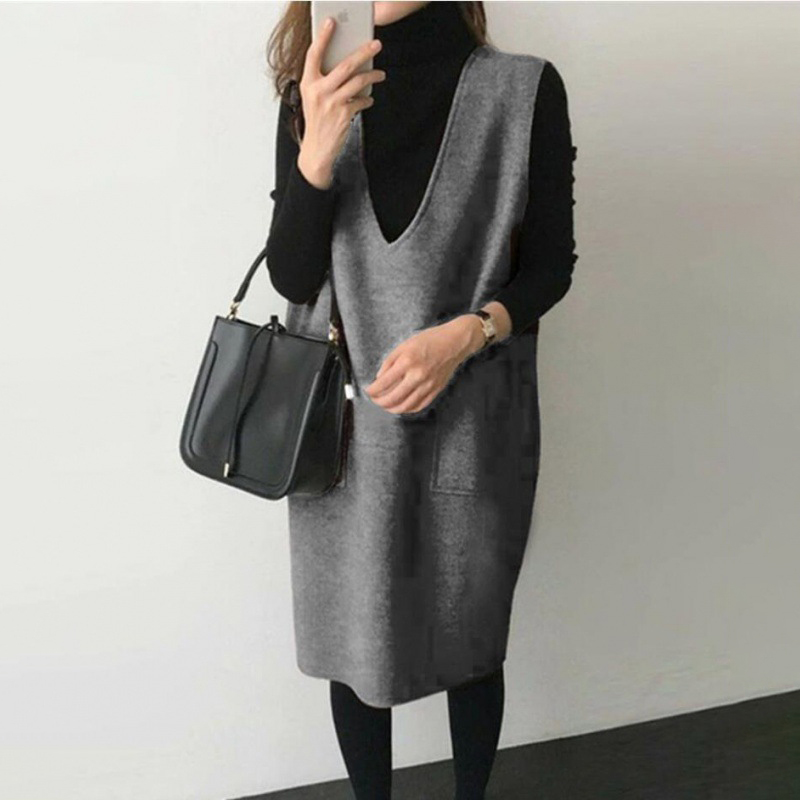 7色毛呢背心深V領中長款馬甲裙連身裙