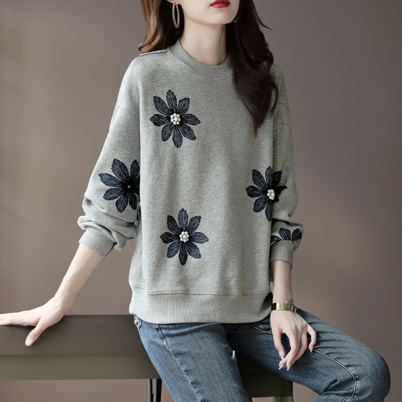 複合釘珠工藝寬鬆休閒圓領減齡長袖T恤