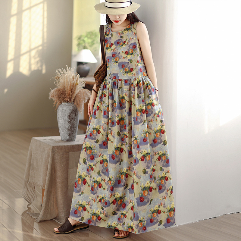 純棉印花清新減齡韓版A字甜美背心洋裝