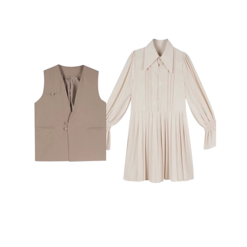 【單件/套裝】大碼寬鬆馬甲+顯瘦洋氣襯衫百褶洋裝套裝