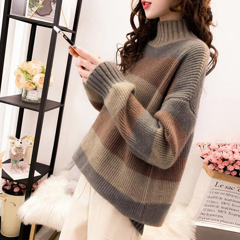 韓版半高領寬鬆中長版條紋針織打底裙