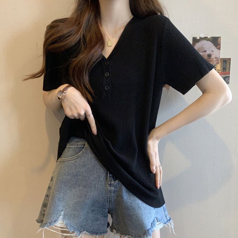 韓版正肩冰絲寬鬆顯瘦遮肚子氣質v領短袖t恤