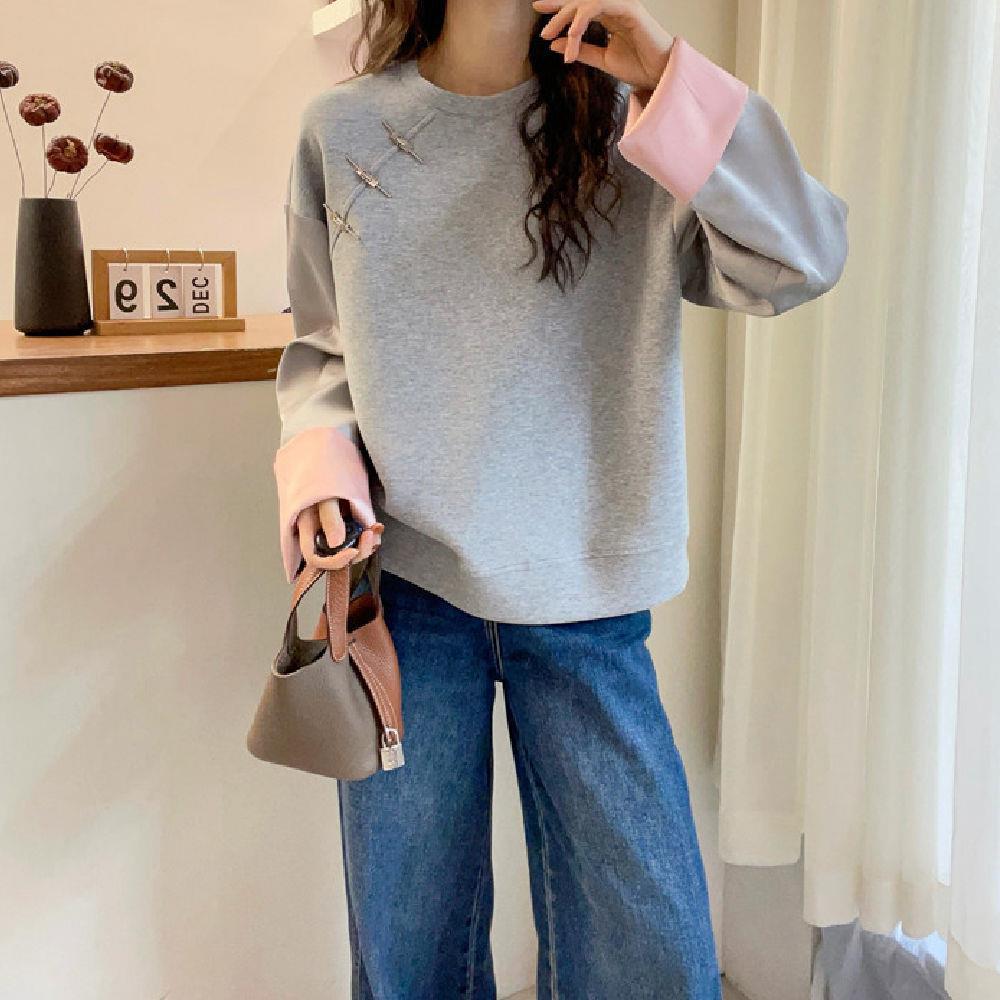 時尚潮流圓領寬鬆簡約拼接設計感休閒百搭長袖衛衣