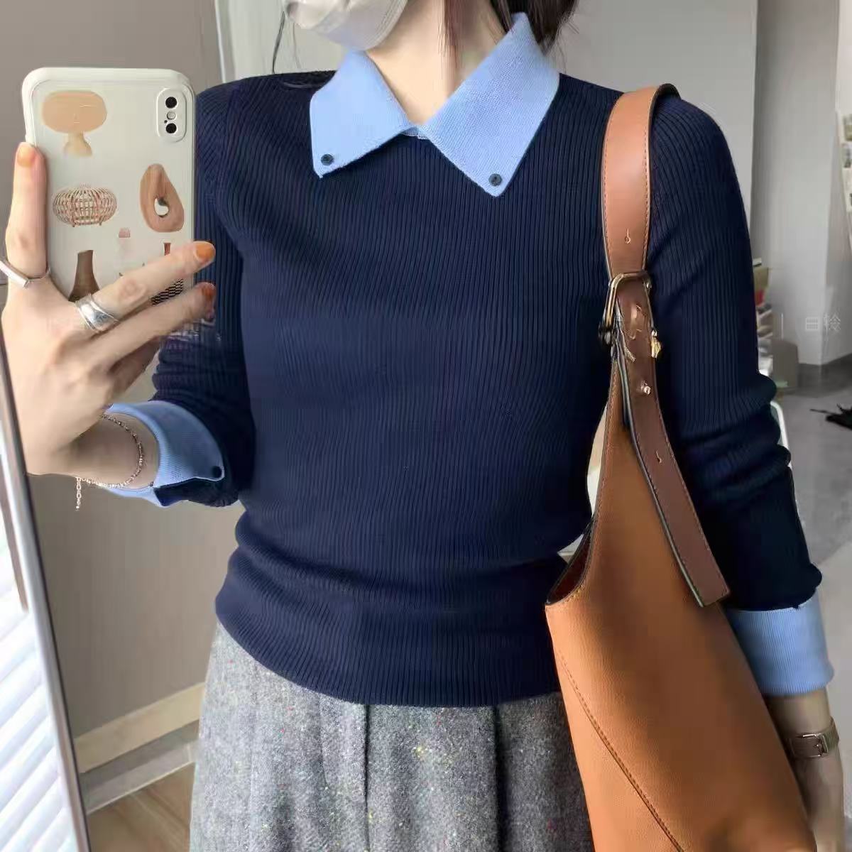 復古翻領拼接撞色毛衣顯瘦高級感顯瘦修身內搭長袖針織衫