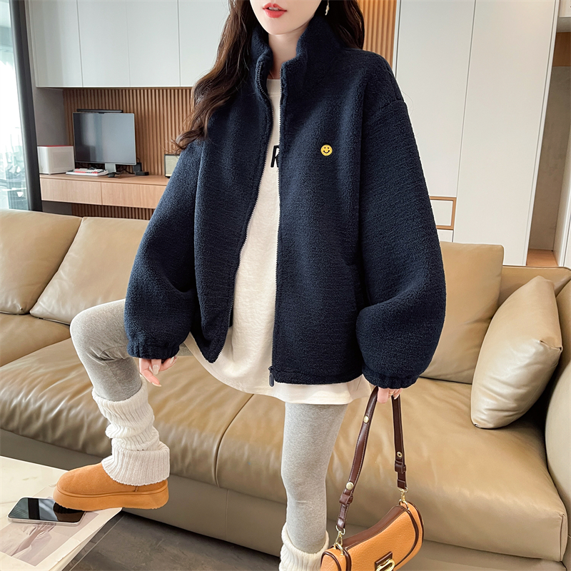 韓版笑臉刺繡藏青色拉鍊加厚立領羊羔外套