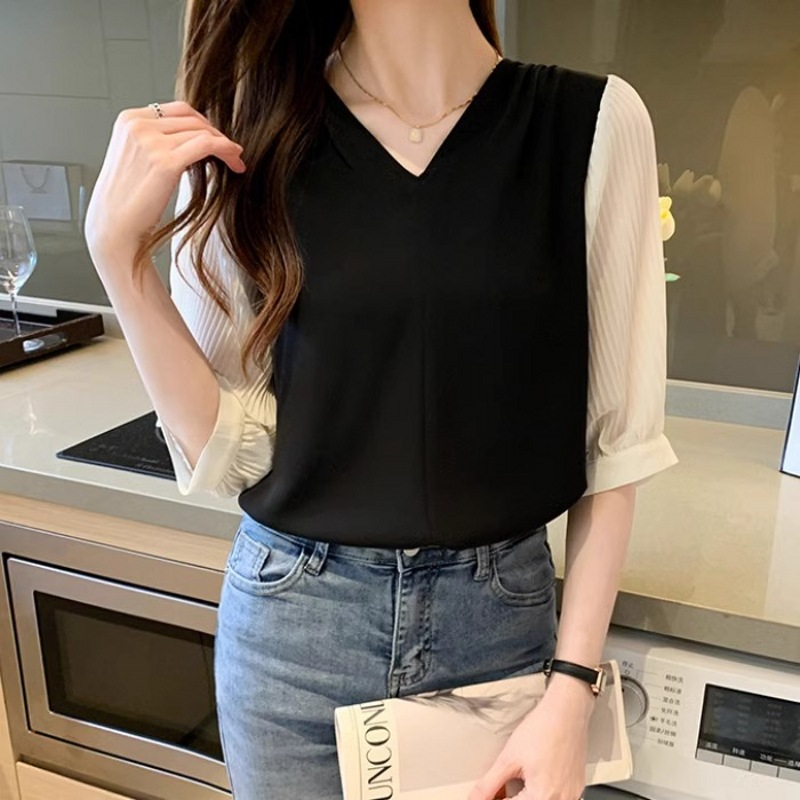新款韓版氣質V領雪紡設計感小眾短袖襯衫
